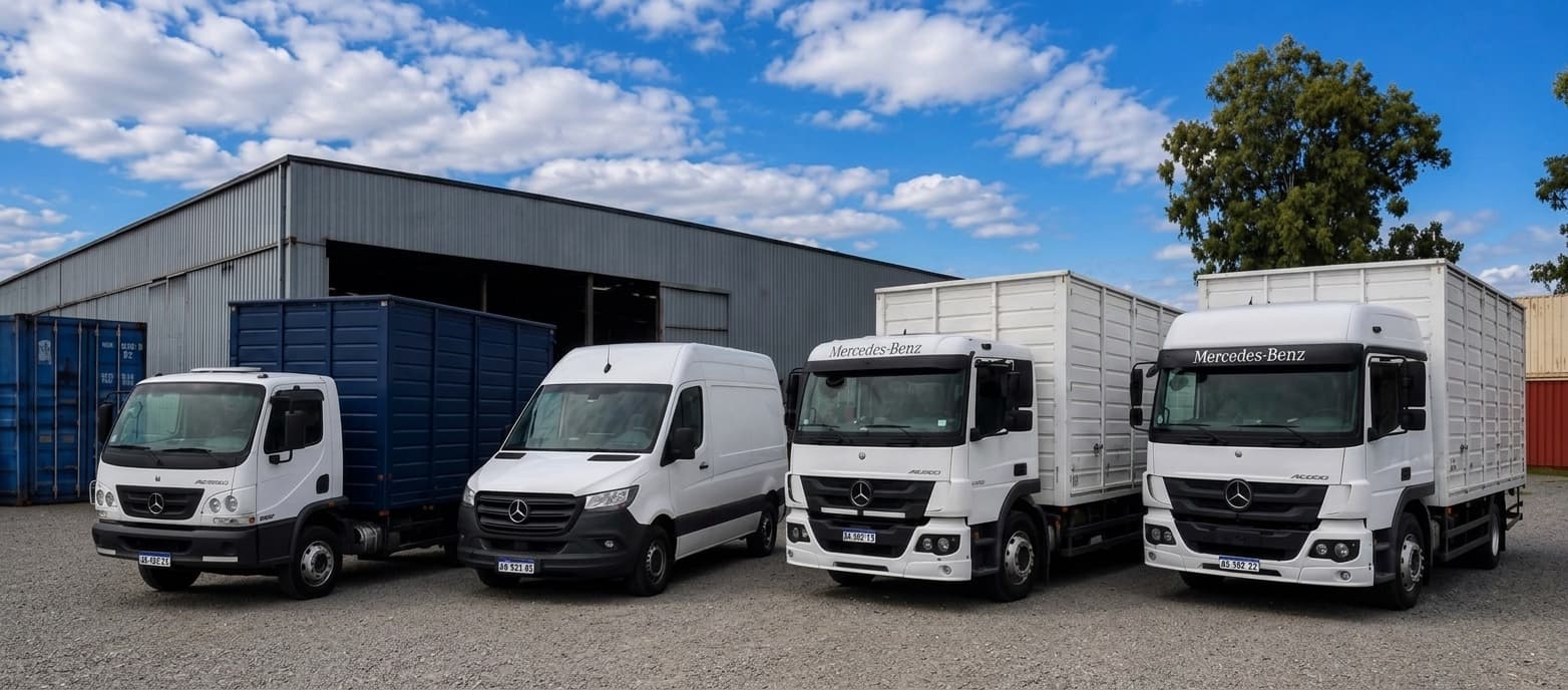 Flota de camiones Mercedes-Benz y utilitario frente a un galpón